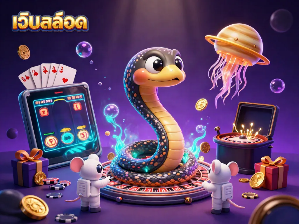 Interact with เว็บสล็อต as tiny astronaut mice place bets on casino elements in vibrant cosmic setting.