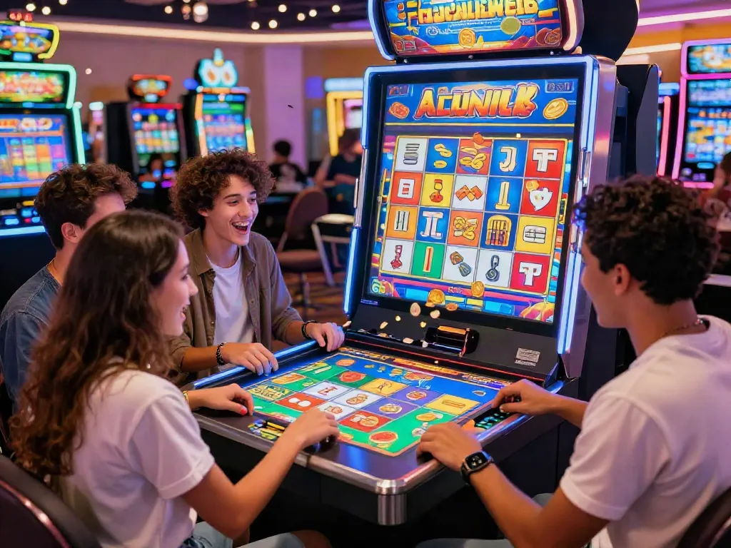 Permainan slot mahjong yang penuh warna dengan teman-teman berkumpul menikmati suasana kasino.