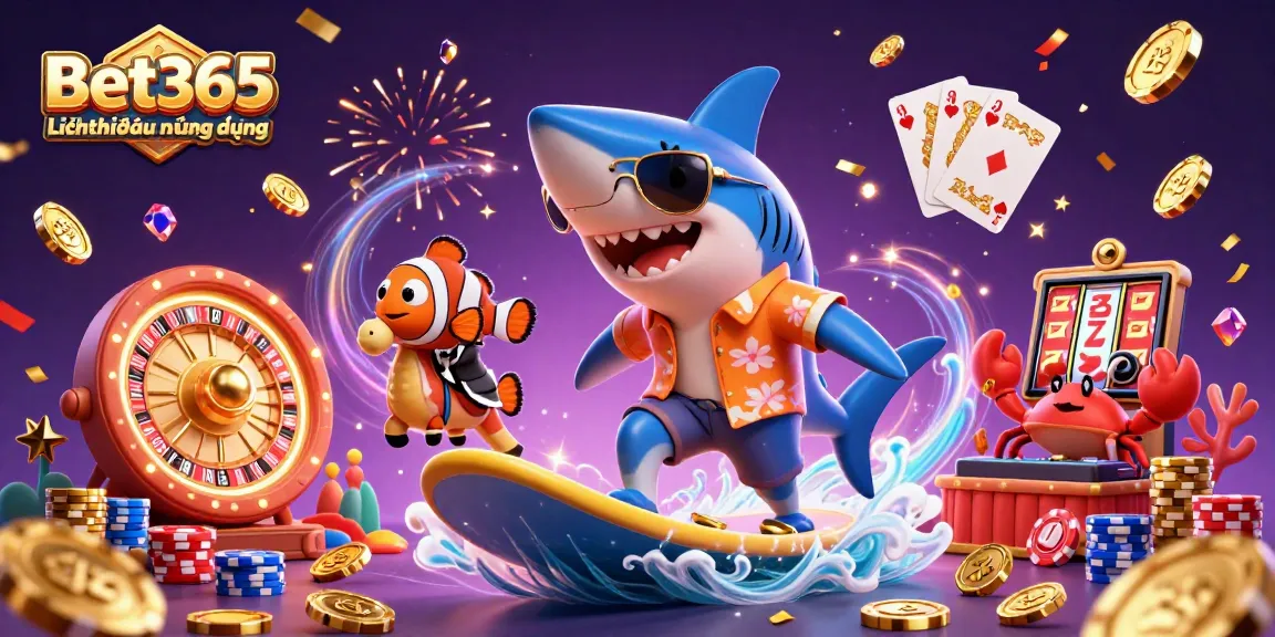 Experience Bet365Lịchthiđấuứngdụng with a 3D shark surfing gold coins in an exciting casino scene
