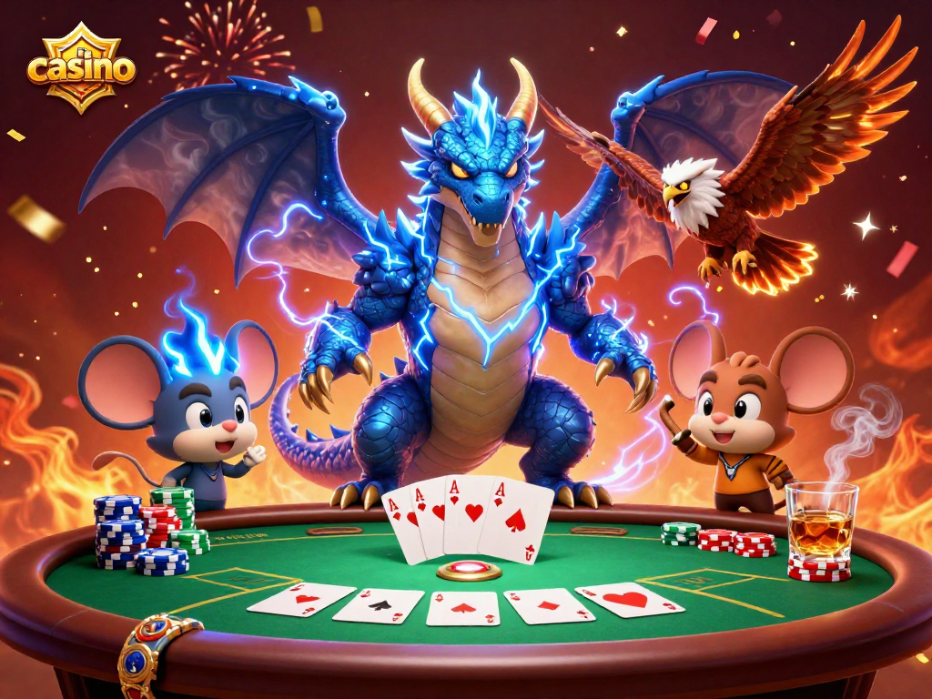 Engaging casino scene featuring a powerful dragon and hawk amidst colorful poker chips and cards