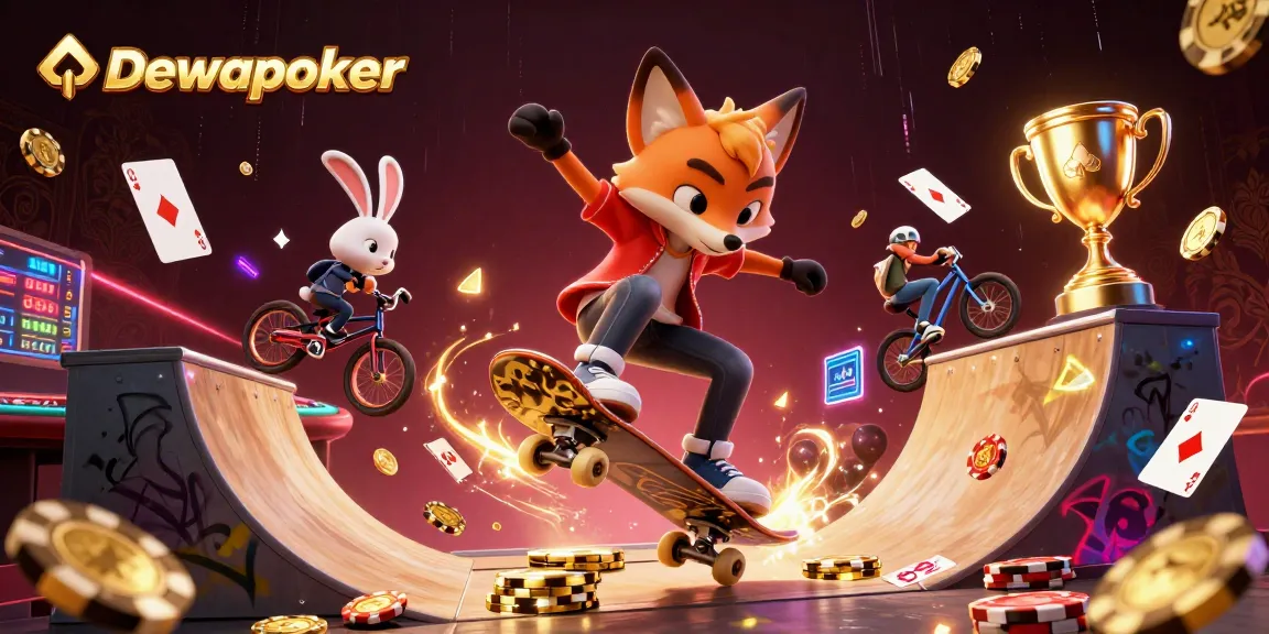 Dewapoker showcases a dynamic 3D cartoon scene of a fox and rabbit competing in poker-themed action.