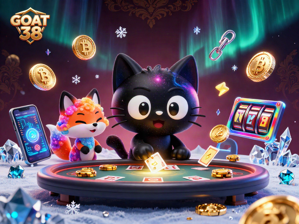 Experience exciting gameplay at GOAT 38 with a vibrant cosmic casino scene featuring unique characters and cryptocurrency elements.