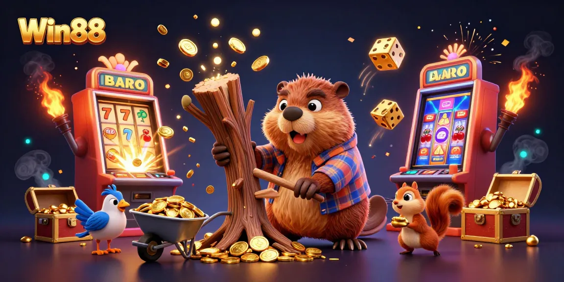 Win88 brings excitement with cartoon beaver, coins raining, jackpot slots, and colorful casino elements.