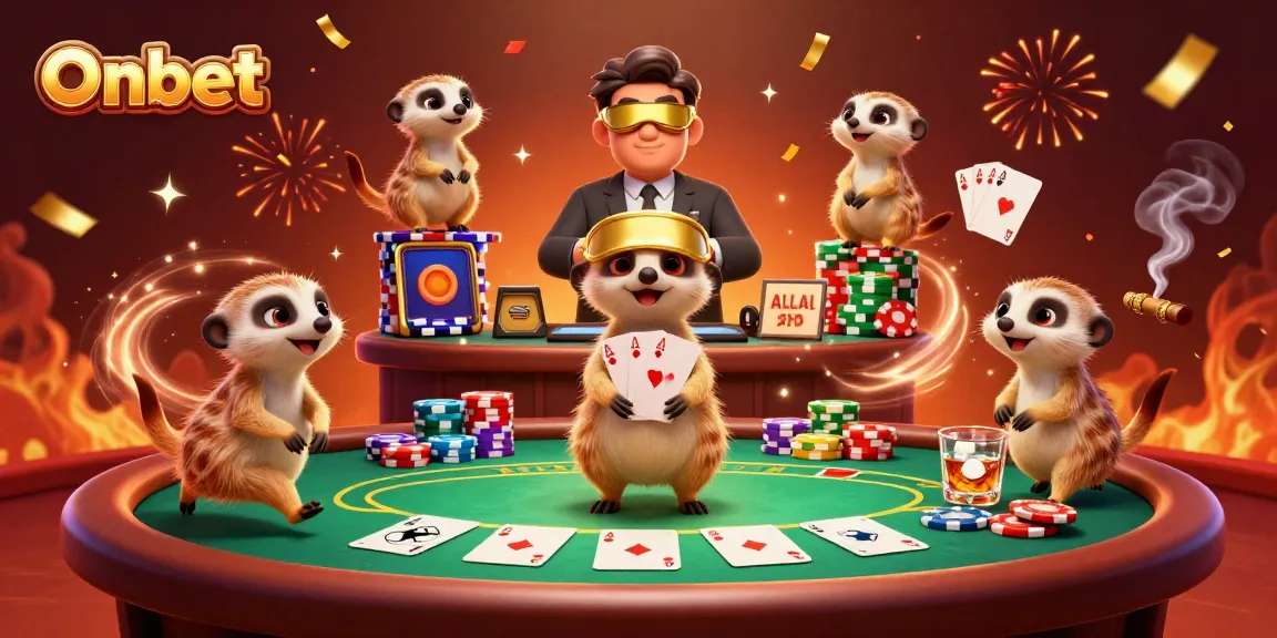 Experience the vibrant Onbet casino with meerkats managing games and festive play.