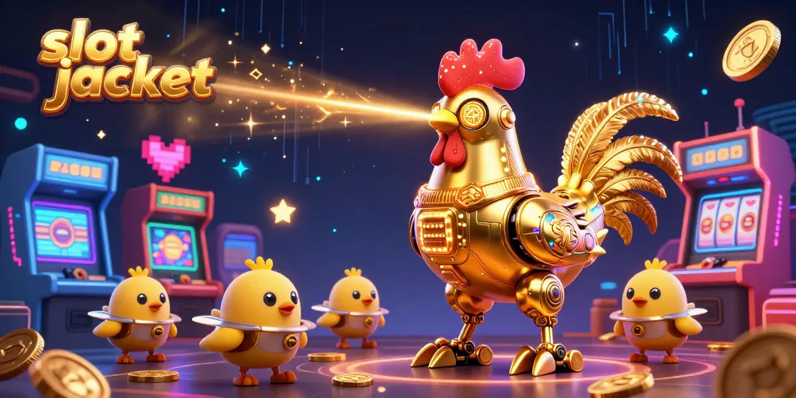 Slot jackpot di tengah kasino animasi, menunjukkan ayam robot emas beraksi.