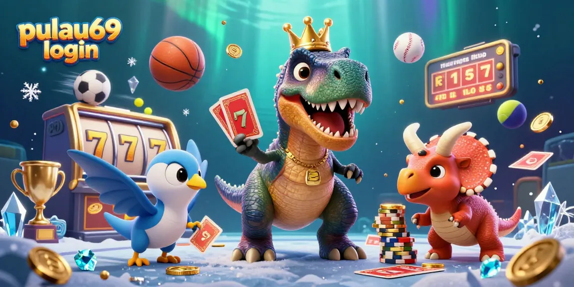 Join in the action with pulau69 login with this vibrant casino scene showing T-Rex and friends.