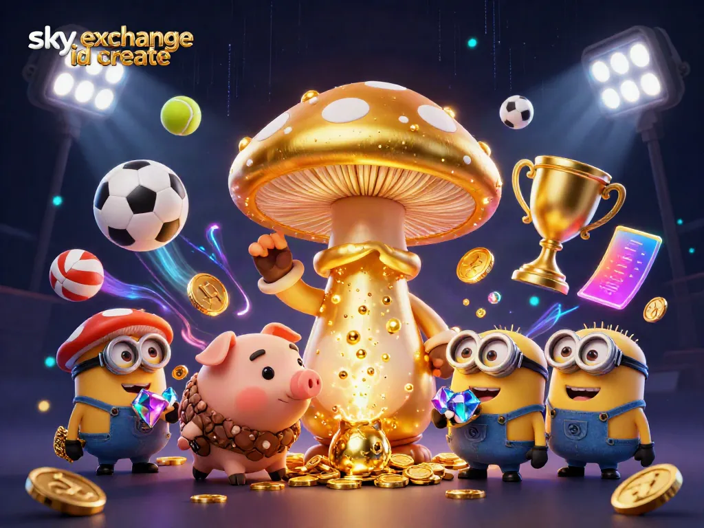 Join the fun with Sky Exchange ID create: an enchanting scene of a golden wizard, treasure, and sports elements.