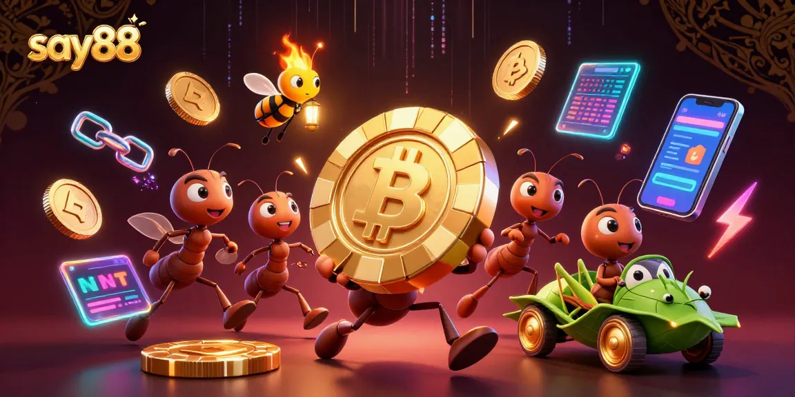 Engage in thrilling gameplay at say88, featuring energetic cartoon ants stealing poker chips in a vibrant casino heist.