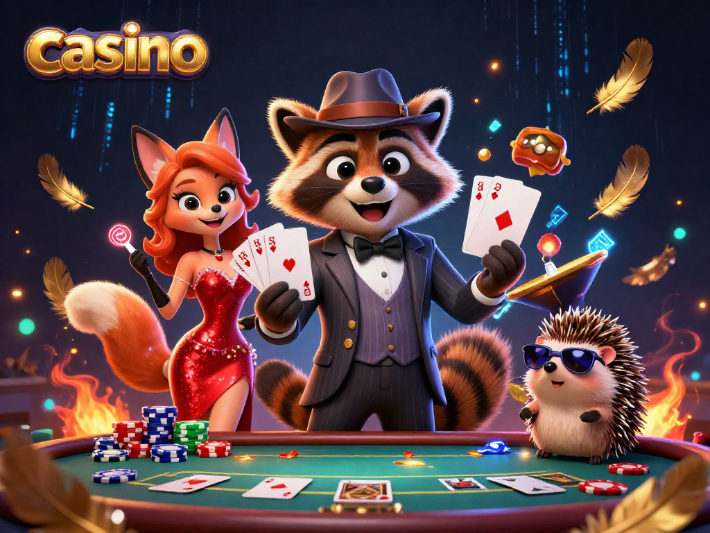 Engaging casino scene with raccoon holding a royal flush, showcasing excitement in gambling.