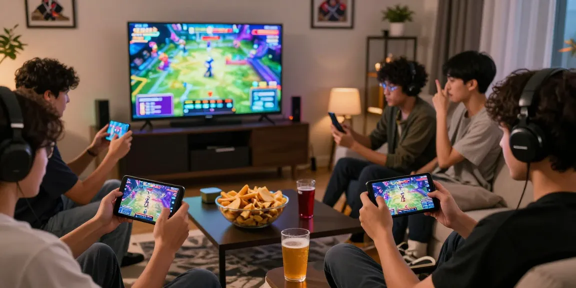Engaged players enjoying vibrant เกมสล็อต ค่าย pg เว็บตรง on mobile devices in a cozy living room gaming setup.