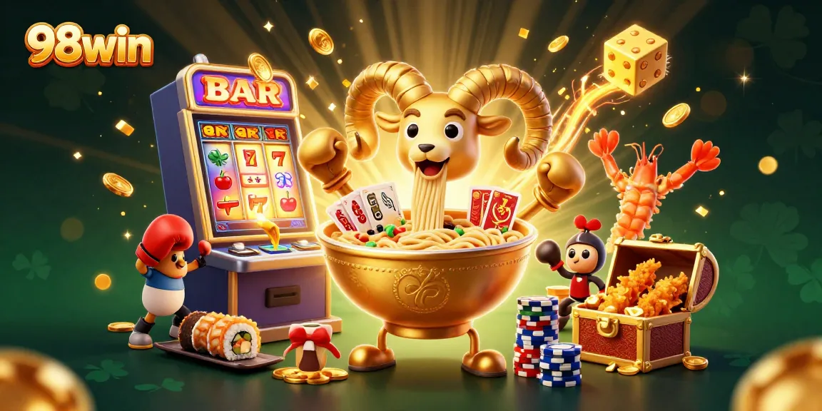 Bet on 98win with vibrant 3D casino elements featuring a golden ramen bowl, cards, and jackpot explosion.