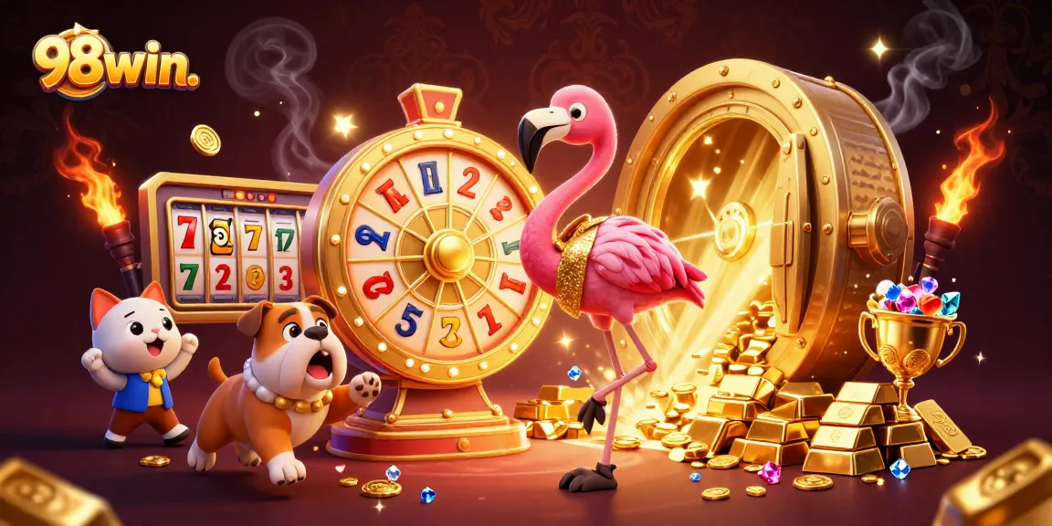Join the excitement with 98win. as a flamingo spins a prize wheel surrounded by glamorous casino elements.