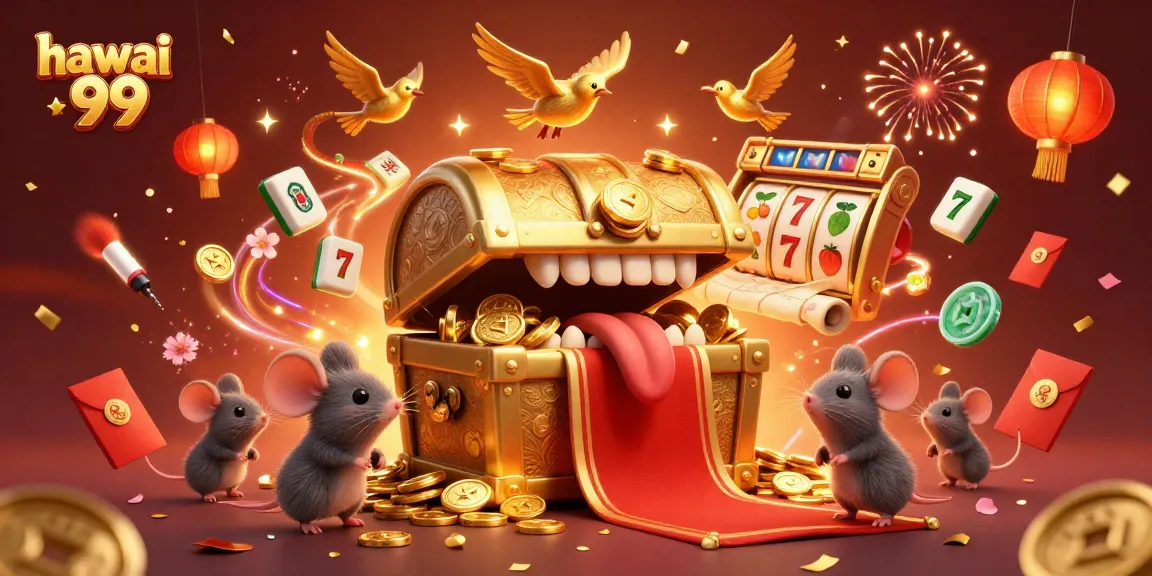 Engage with the vibrant world of hawai 99 as mice are lured by golden treasures amidst slot reels and festive elements.