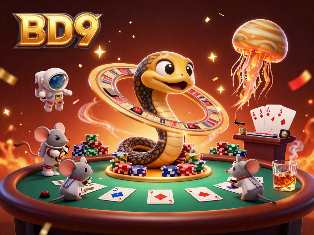 Experience exciting gameplay with BD9 as astronaut mice bet on Saturn's rings in this vibrant 3D casino scene.