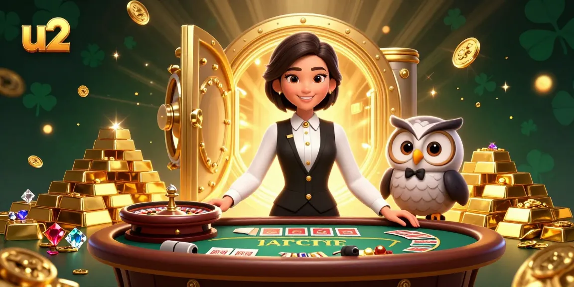 Engage in thrilling U2 casino action with a vibrant Asian dealer and owl assistant.