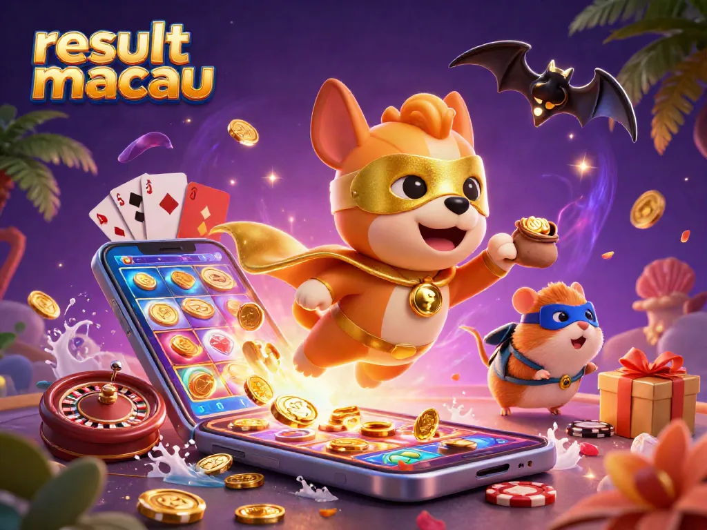 Menyaksikan hasil result macau dengan pahlawan anjing super dan hamster dalam ilustrasi kasino yang ceria.