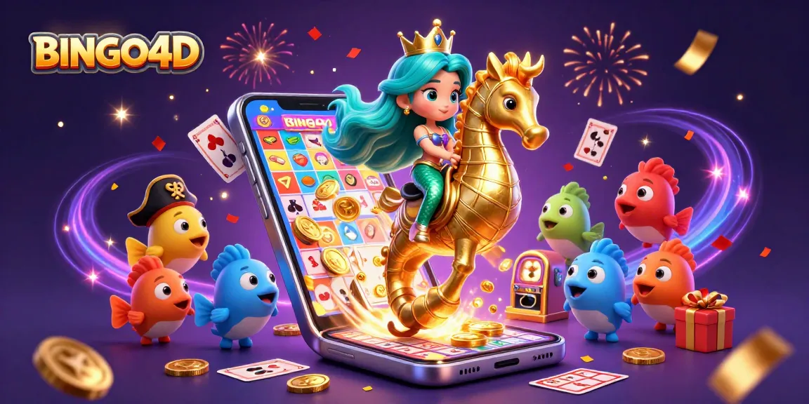 Memenangkan permainan BINGO4D dengan gambar ilustrasi putri duyung bersemangat di tengah kasino yang meriah.