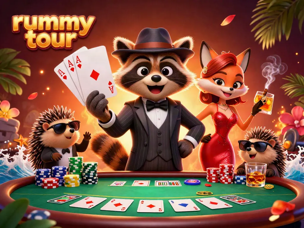 Rummy tour: Raccoon keren, rubah menawan, dan landak pengaman siap bermain kartu poker.