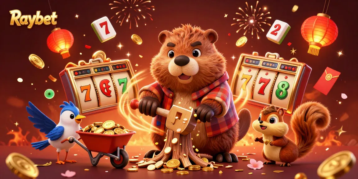 Raybet features a vibrant scene with a beaver collecting jackpot coins while promoting gaming excitement.