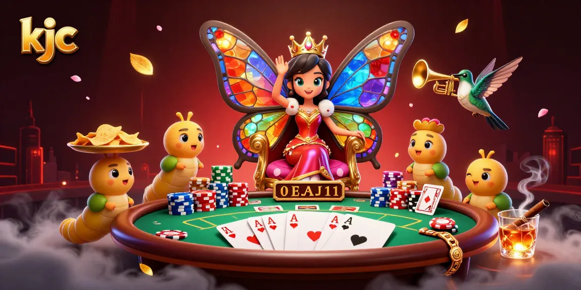 Play at KJC's dynamic poker scene with a vibrant butterfly queen and exciting chip trays.