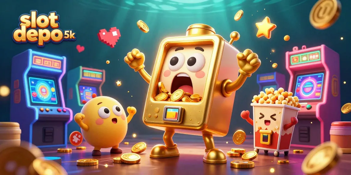 Experience the excitement of slot depo 5k with a dynamic cartoon slot machine scene hitting a jackpot and coins pouring out.
