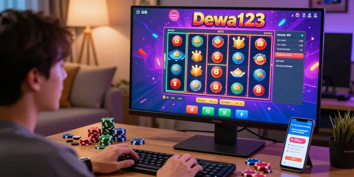 Permainan slot online di Dewa123 dengan tampilan jackpot dan akun pengguna di komputer.