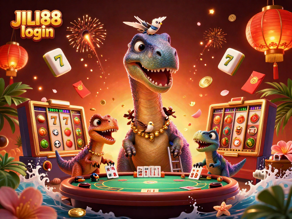 Experience the excitement of JILI88 login with a vibrant 3D casino illustration showcasing games and fun.