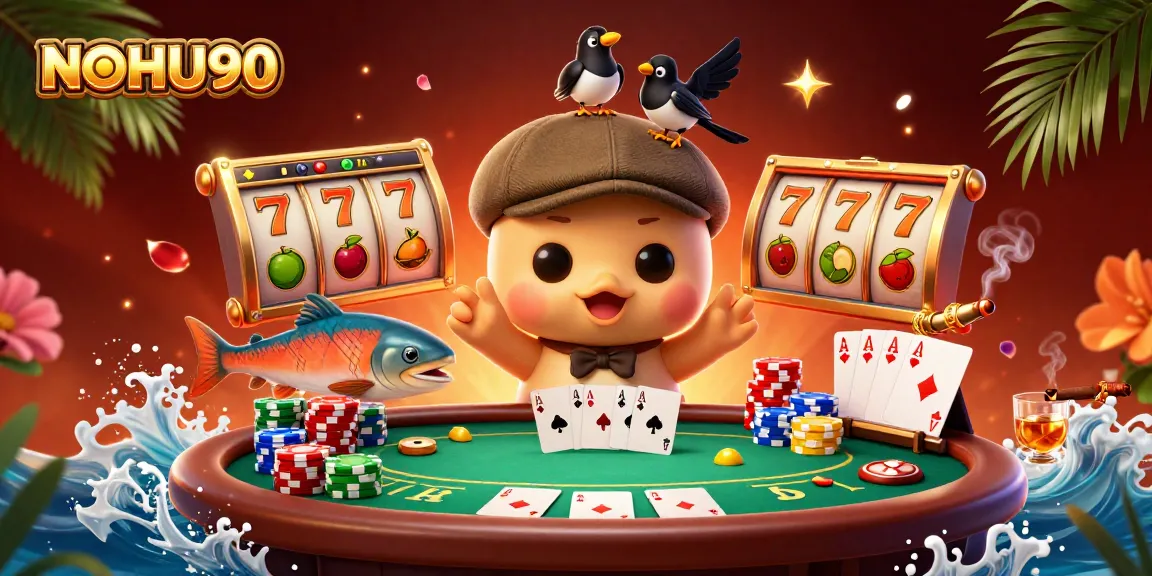 Engage with the vibrant NOHU90 casino scene featuring playful characters and exciting slot reels.