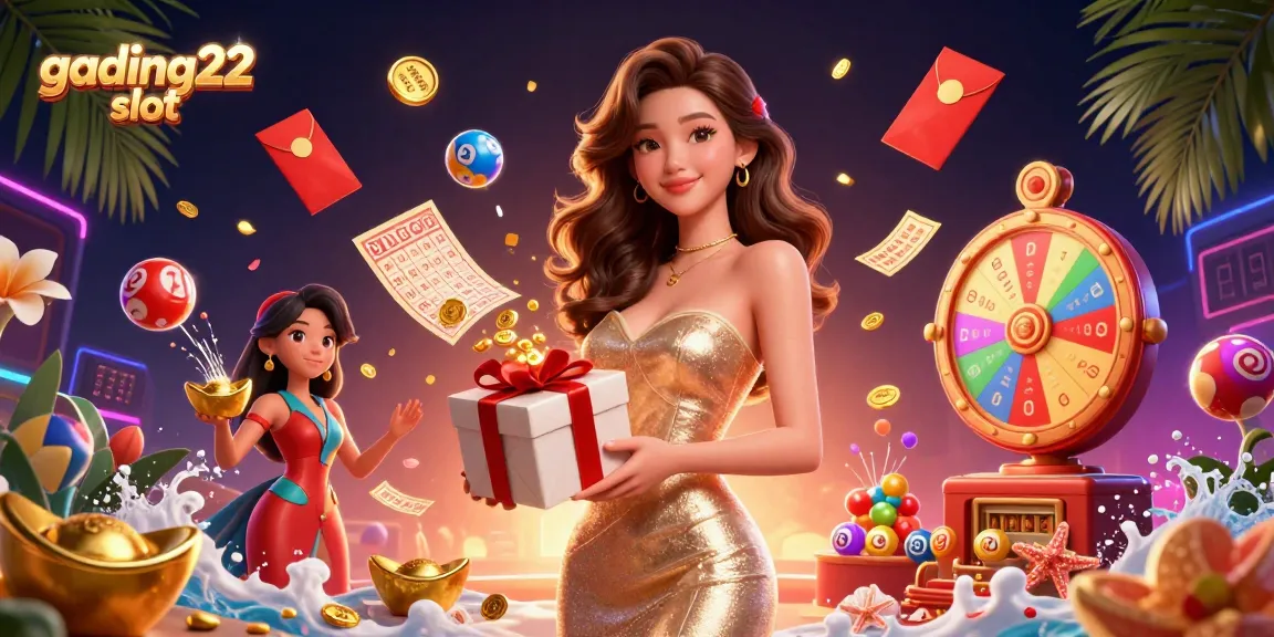 Experience gading22 slot with a vibrant digital casino scene featuring games and festive elements.