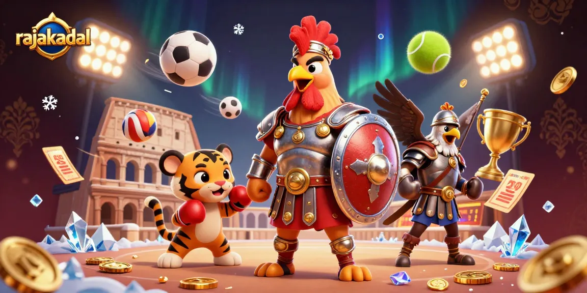 Permainan judi rajakadal dengan ayam pejuang, cek cok bola, dan elemen pertandingan yang hidup.