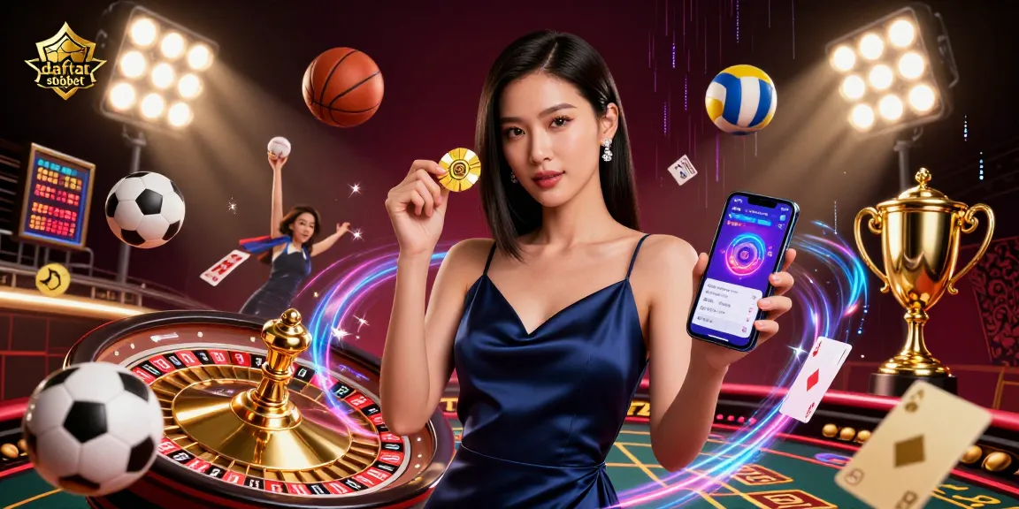 Experience daftar sbobet with a stunning Asian woman showcasing casino betting while surrounded by dynamic sports elements.