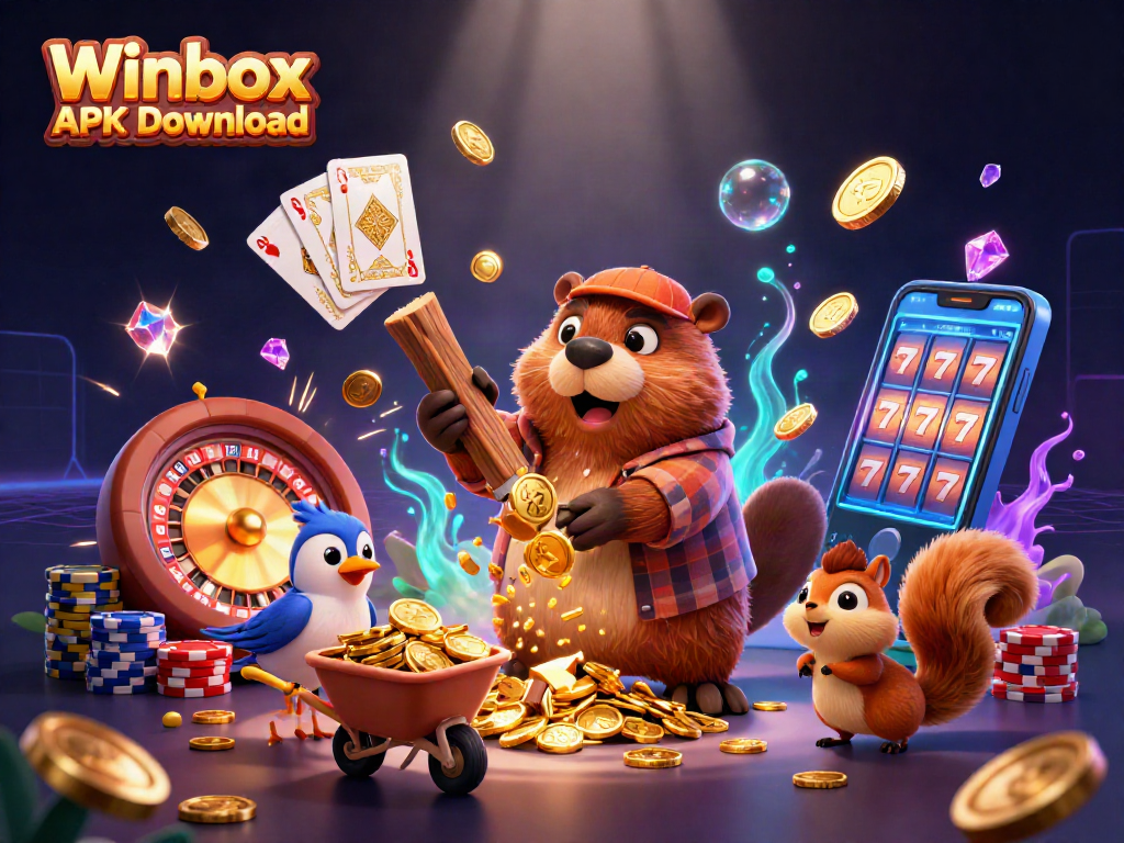 Winbox APK Download: Experience thrilling wins with a vibrant casino scene featuring gold coins and dynamic gaming elements.