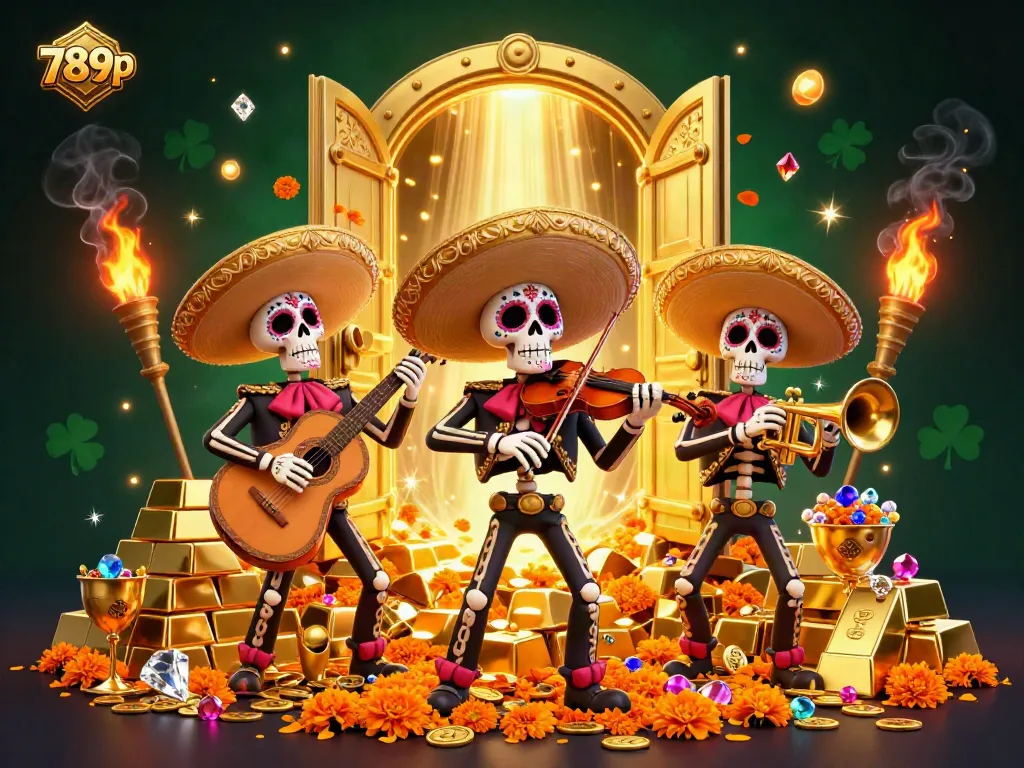 Experience the vibrant 789p gaming world with this 3D illustration featuring a Day of the Dead mariachi band amidst treasure.