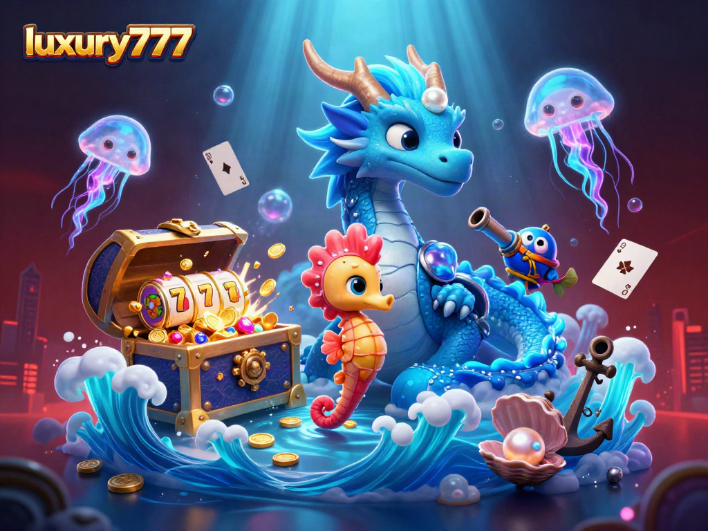 Memenangkan jackpot di luxury777 dengan naga air dan kuda laut berani dalam suasana kemewahan.