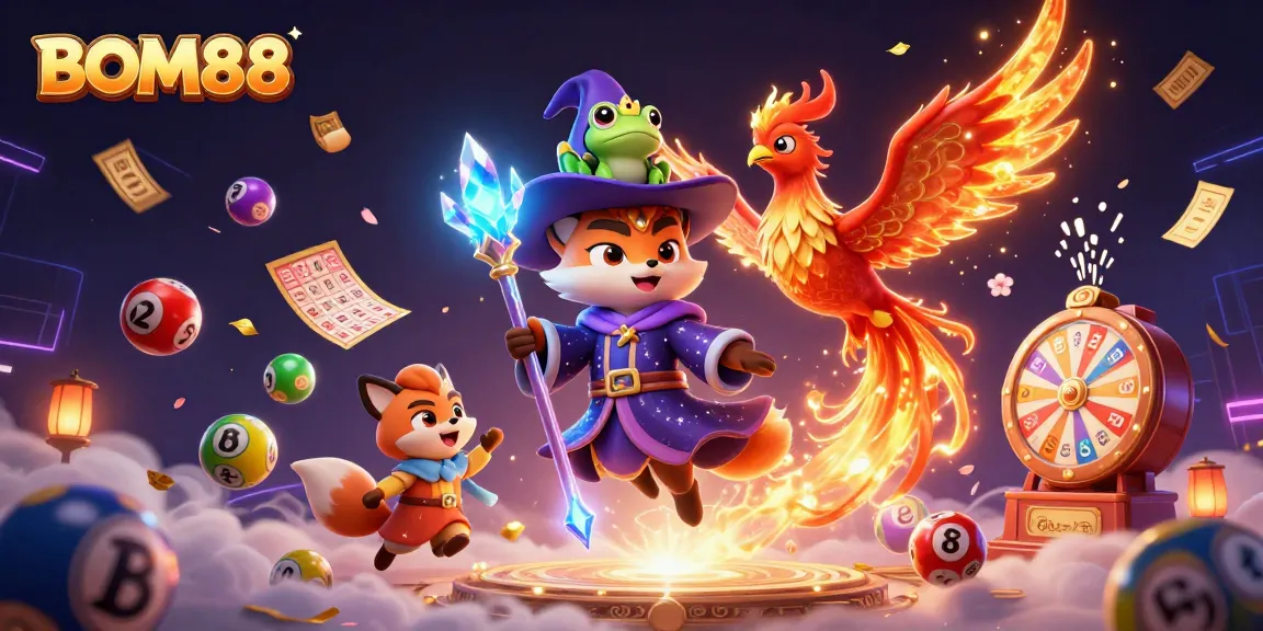 BOM88 offers a vibrant illustrated scene showcasing a mystical wizard fox, phoenix, and gold-themed gaming elements centered in an energetic casino atmosphere.