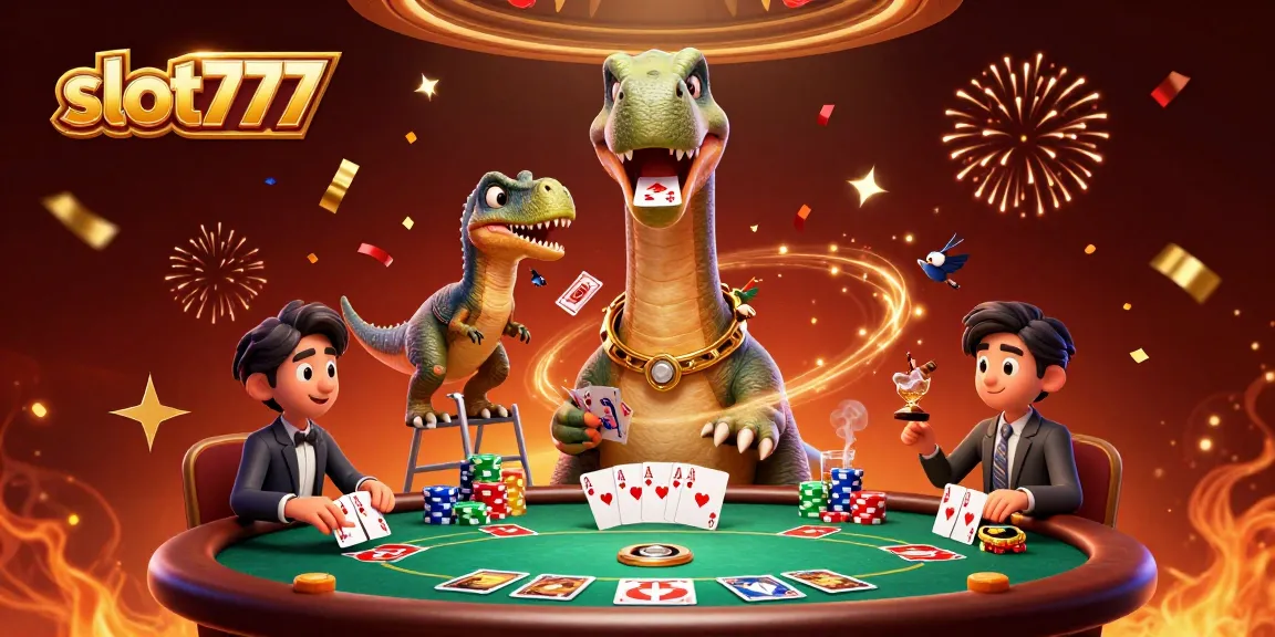 Gambarlah slot777 yang menggambarkan dinosaurus lucu dalam suasana kasino dengan poker.