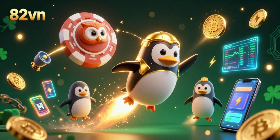 Engage with 82vn's thrilling gaming experience in a stunning 3D illustration featuring dynamic casino elements.
