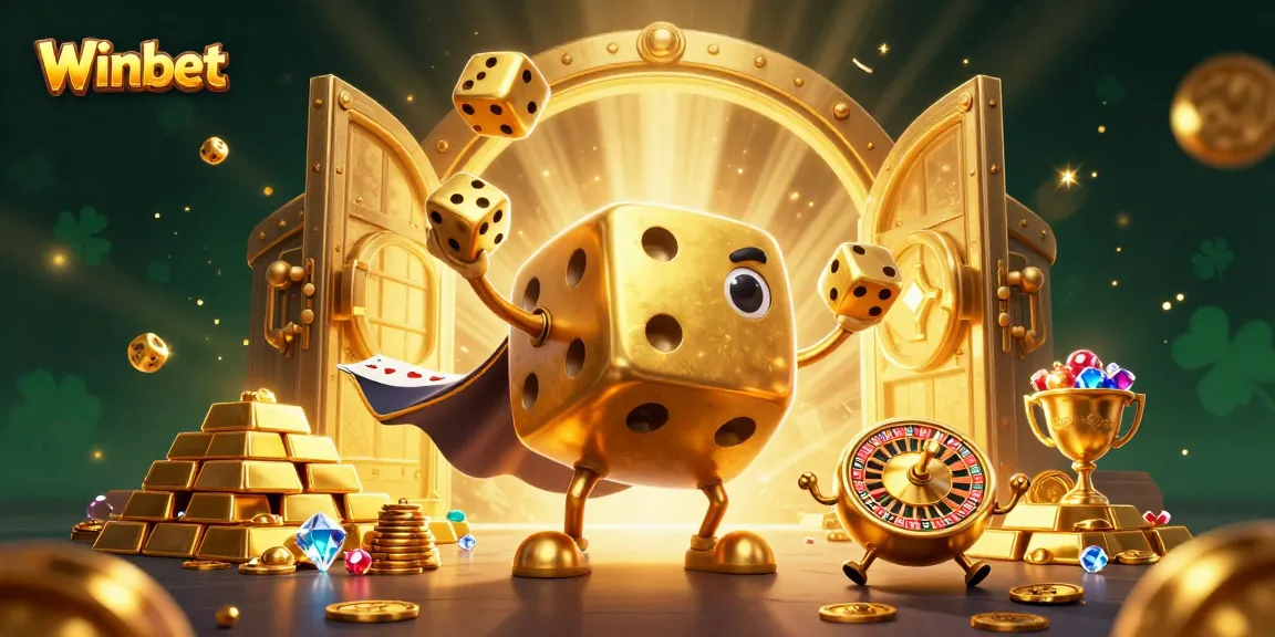 Winbet's vibrant gambling world features a golden dice golem and treasures galore.