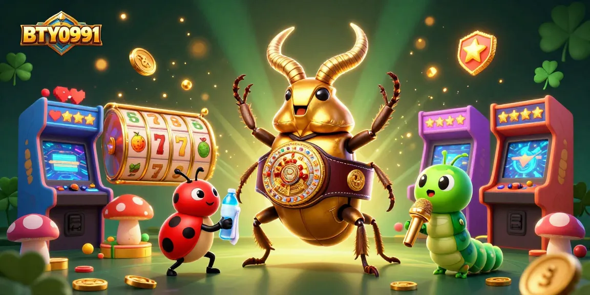 BTY0991 showcases a dynamic casino showdown with a golden stag beetle and vibrant slot elements.