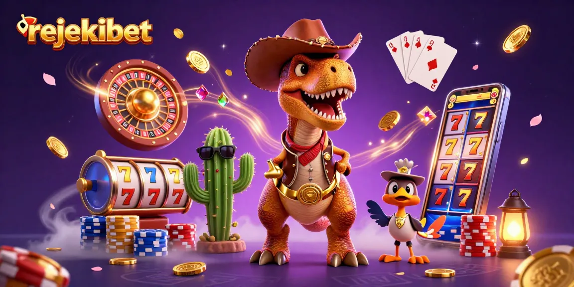 Experience rejekibet action in a vibrant casino illustration featuring a T-Rex and slot reels.