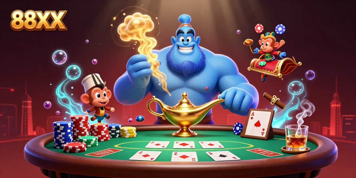 Experience the excitement of 88XX with a vibrant 3D casino scene featuring playful characters and poker action.