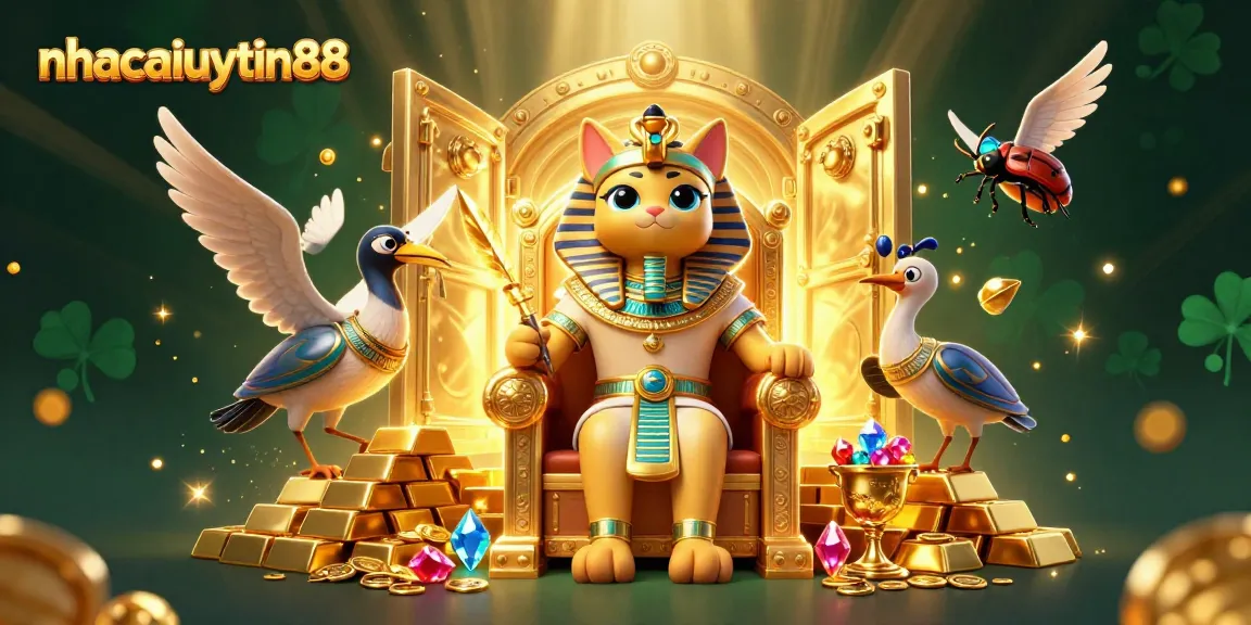 Win big with nhacaiuytin88 in a vibrant 3D casino scene featuring treasures and Egyptian characters.