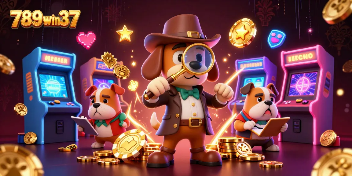 Engage in the thrilling atmosphere of 789win 37 with a cartoon detective exploring clues and riches in a vibrant casino.