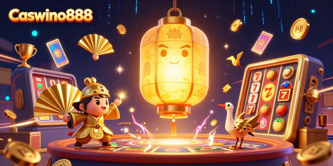 Experience the vibrant Caswino888 casino scene with animated golden lanterns and dynamic slot elements.