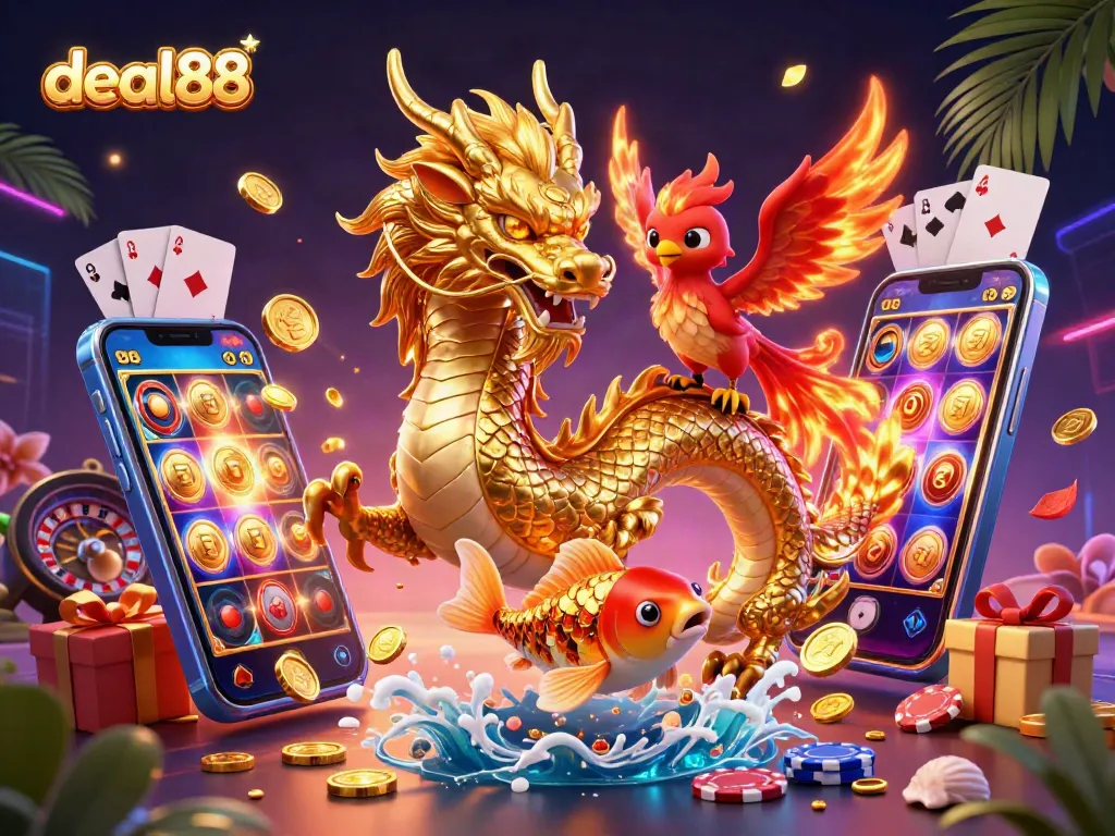 Engage with thrilling slot action featuring deal88, a vibrant scene of a golden dragon and phoenix amidst coins and games.