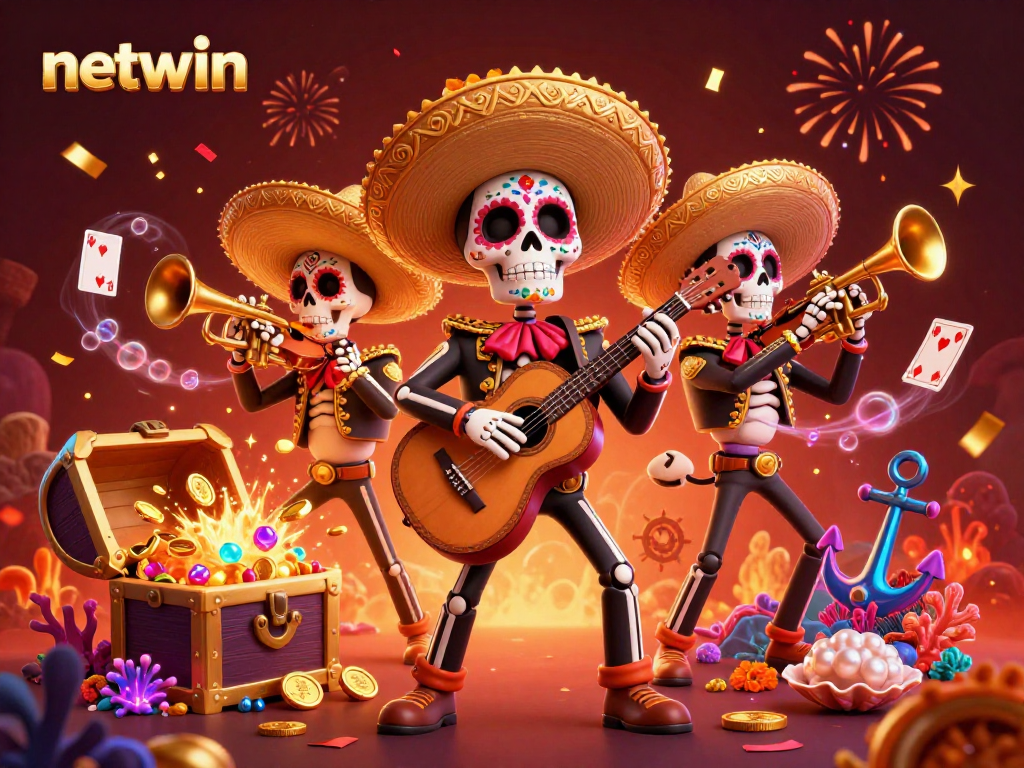 Join the fun with netwin as skeleton mariachi characters play amidst treasure and cards, highlighting lively online casino action.