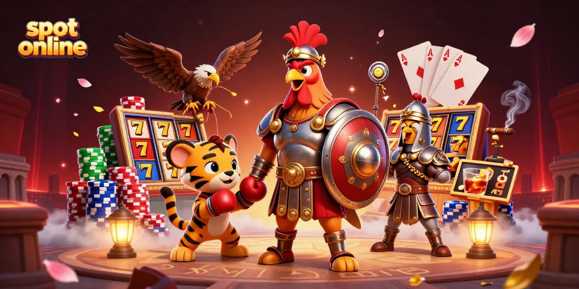 Engage in slot online adventures with a dynamic gladiator rooster, sparring cub, and eagle in a vibrant casino scene.
