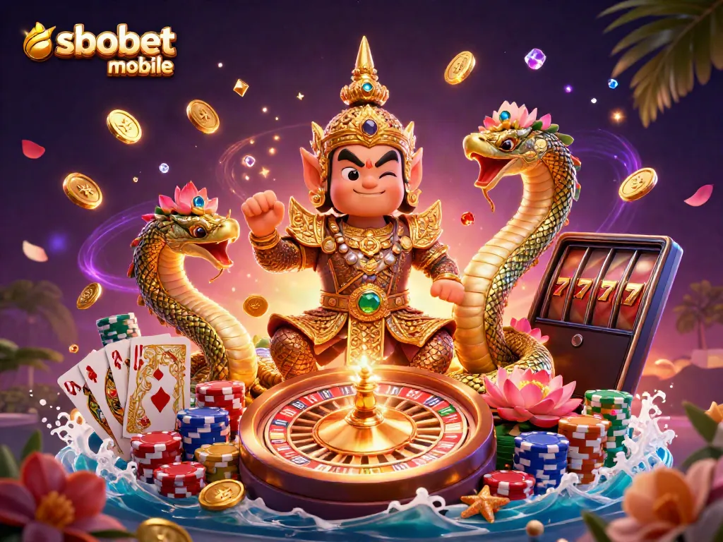 Experience sbobet mobile's dynamic gameplay with a lively scene of a Thai temple guardian and Naga serpents amidst vibrant casino elements.