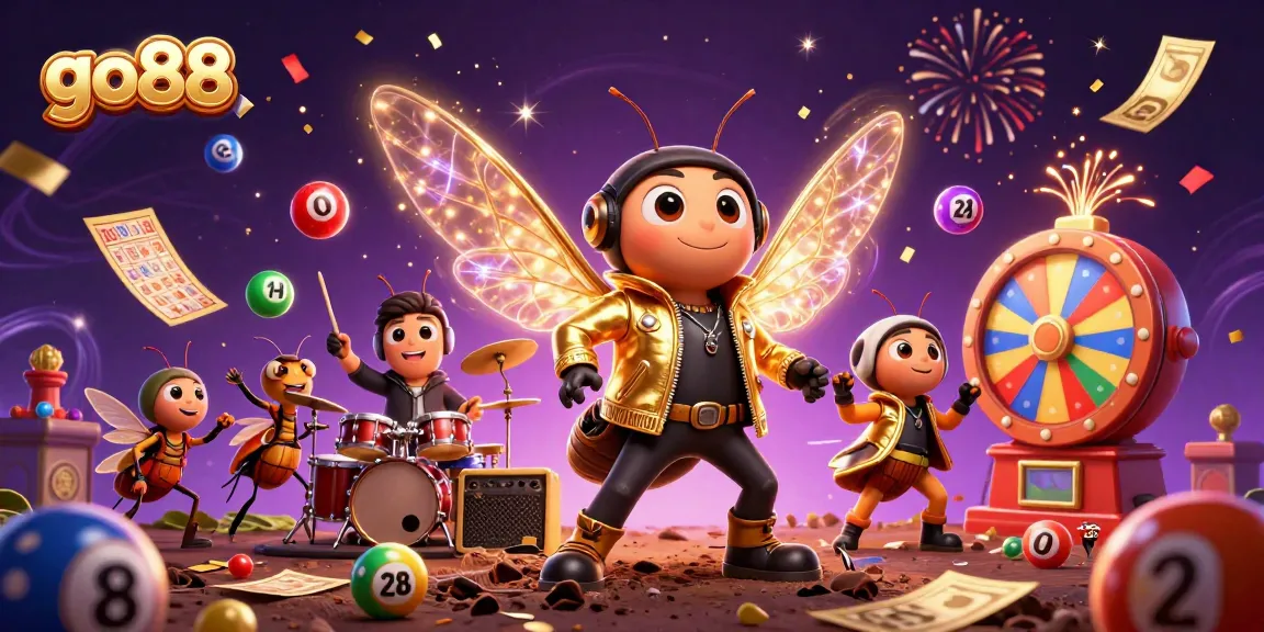 Engage with go88's vibrant gaming scene featuring a rock star cicada and colorful lottery elements.