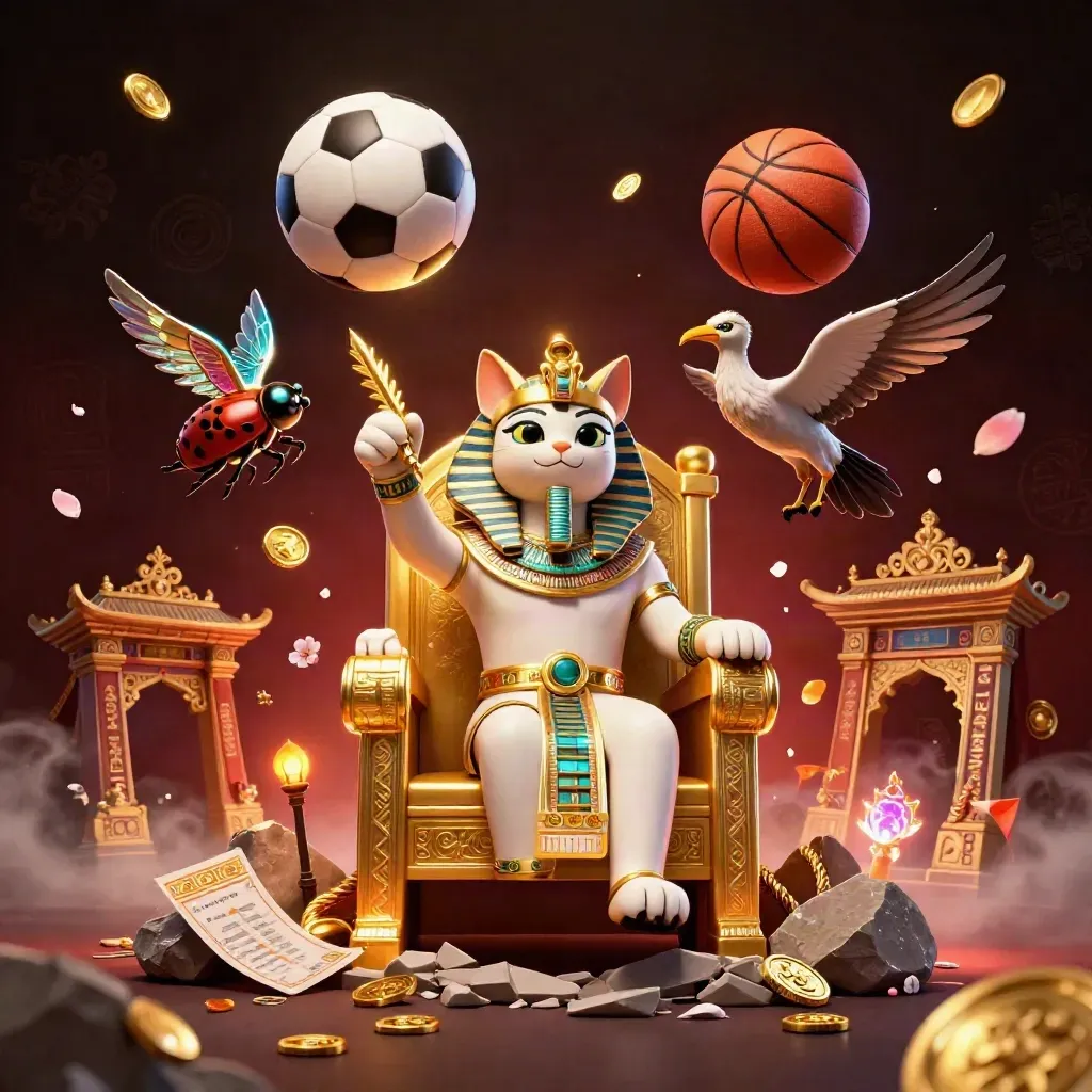 Pharaoh cat on gold throne with ibis scribe, scarabs, soccer ball and basketball in casino glow.